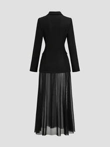 Sweetra Women's Autumn Sheer Mesh Patchwork Long Sleeve Blazer - Black - View 2