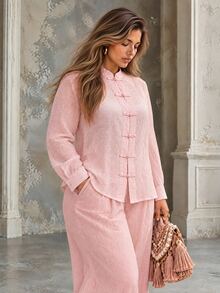 Ceyna Women's Plus Size Autumn Stand Collar Frog Button Waist-Cinching Long Sleeve Casual Blouse For Date, Party And Commute - Pink - View 6