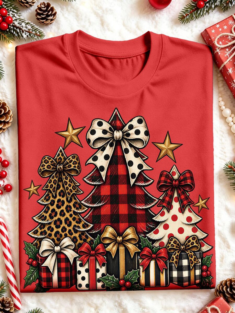 EMERY ROSE Áo thun tay ngắn cổ tròn size lớn, họa tiết kẻ caro da báo chấm bi cây thông Noel hộp quà và ngôi sao, dáng rộng phong cách thường ngày cho Giáng sinh - Đỏ - Xem 1