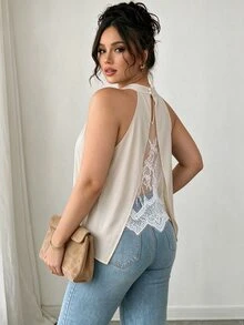 Elenzga 大尺碼女款素色後背對比蕾絲優雅掛脖上衣 - 杏色 - 查看 4