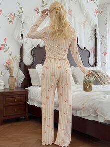 CottageSlumber Women's Striped Floral Print Long Sleeve Top And Pants Casual Daily Home Sleepwear Set - Yellow - View 2