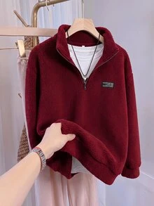 SHEIN CURVE+ 巧克力棕大尺碼女款字母印花羊羔絨衛衣，秋冬款 - 酒紅色 - 查看 2