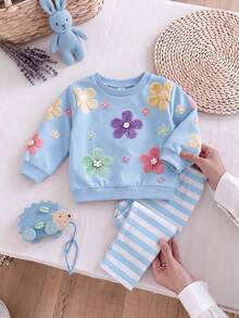 SHEIN Baby Girls 3D Flower Autumn Sweatshirt & Striped Leggings Outfit Set - Baby Blue - View 1