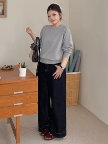 Dazy Plus Áo len cổ tròn dáng rộng màu trơn phong cách thường ngày dễ phối đồ cho mùa Thu/Đông mới - Xám - Xem 7