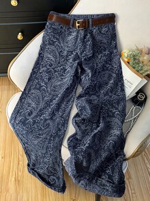 EMERY ROSE Plus Size Women Casual Wide Leg Jeans With Paisley Pattern, All Season - Blue - View 3