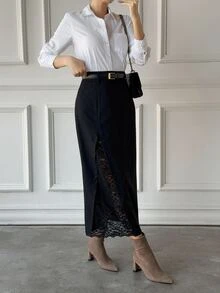 DAZY Women's Lace Patchwork Split Design Fashion Versatile Skirt - Black - View 6