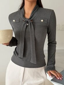 Livesso Women's Streetwear Button Tie Long Sleeve T-Shirt - Dark Grey - View 1