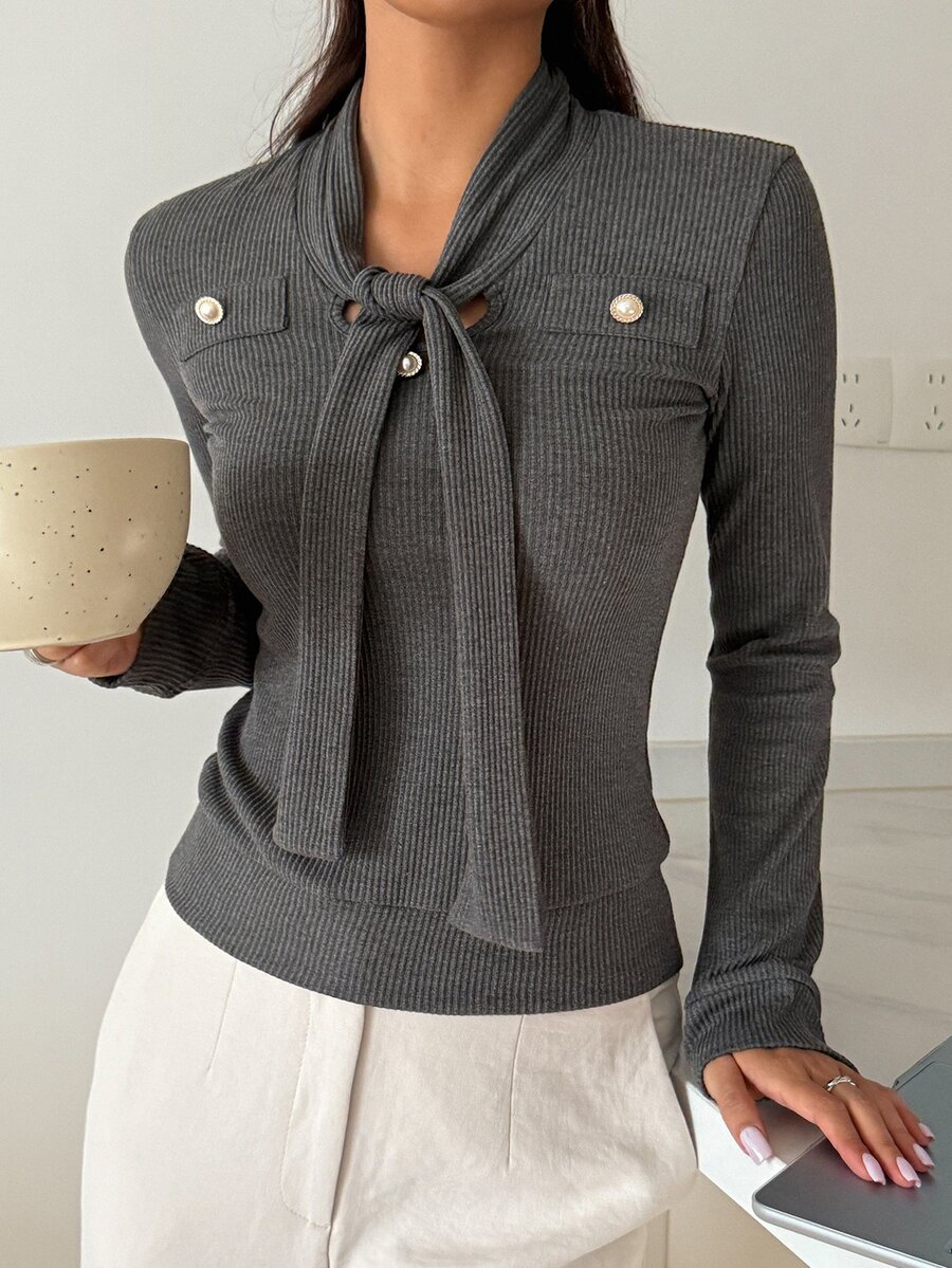 Livesso Women's Streetwear Button Tie Long Sleeve T-Shirt - Dark Grey - View 1