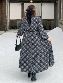 Bijouette Plus Size Plaid & Solid Color Long Sleeve Dress, Loose A-Line Skirt With Bowknot Strap, Flattering Belly & Hip Coverage, Slimming For Pear & Apple Body Shapes, All-Size Friendly, Japanese Soft Style For Commute, Date, Travel & Sightseeing - Multicolor - View 2