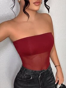 SHEIN SXY 性感夜店外訪網格拼接黑色連身褲 夏季款 - 酒紅色 - 查看 3