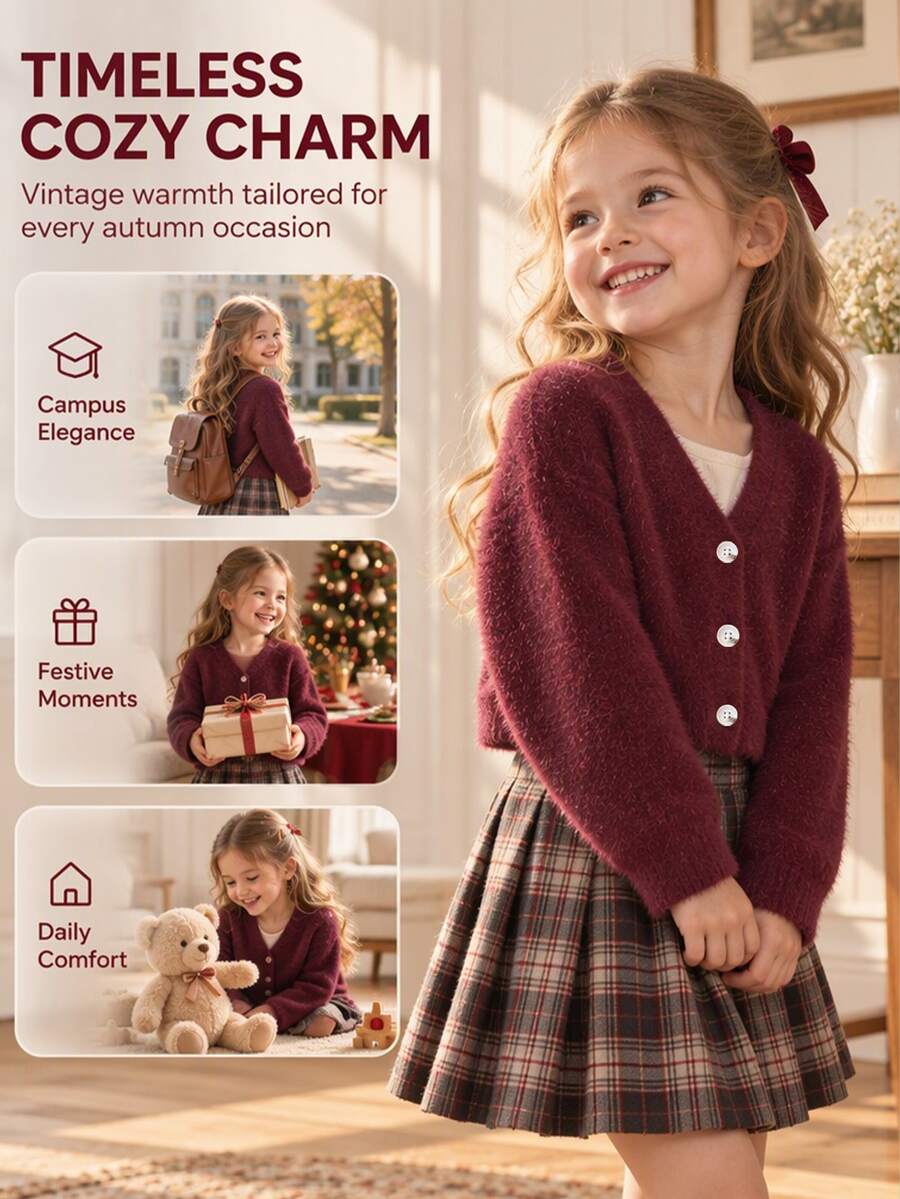 SHEIN Young Girl Fashionable Soft White Fluffy Knit Cardigan Sweater,Long Sleeve Button Front Fall Winter School Back-To-School Simple Simple Outerwear - Burgundy - View 1
