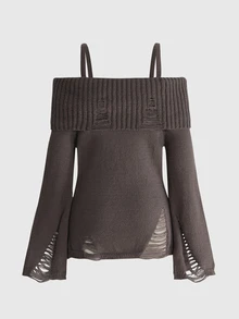 ROMWE Goth Spring Casual Black Fashionable Punk Dark Style Distressed Design Waist Wrap Exposed Shoulder Sweater - Rust Brown - View 2