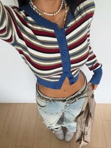 StreetHx Streetwear Women's Autumn/Winter Y2K Multi-Color Striped Cropped Slimming Versatile Long Sleeve Cardigan - Multicolor - View 6