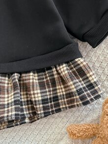 SHEIN 女嬰可愛針織拼接格紋長袖秋冬洋裝 - 黑色 - 查看 4