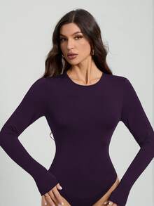 SHEIN Tall Solid Color Long Sleeve Slim Fit Black Bodysuit, Tall Women - Purple - View 7