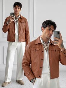 HUEFORM Men's Old Money Brown Leather Cropped, Loose Fit Jacket, Features A Dual-Pocket Design With Topstitching-Perfect For Everyday Styling - Brown - View 1