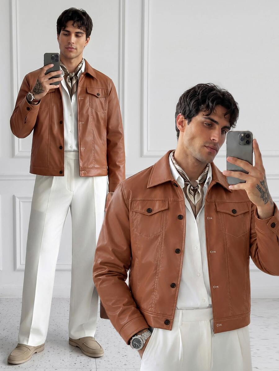 HUEFORM Men's Old Money Brown Leather Cropped, Loose Fit Jacket, Features A Dual-Pocket Design With Topstitching-Perfect For Everyday Styling - Brown - View 1