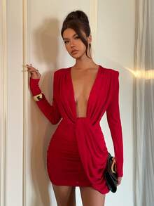 Aloruh Women's Autumn/Winter Red New Year Party Deep V-Neck Ruched Mini Dress - Red - View 1