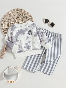 SHEIN 2件組幼童男孩休閒街頭風笑臉迷彩印花長袖衛衣＋條紋寬腿褲，抓絨加厚運動套裝，適合秋冬日常穿著 - 灰色 - 查看 3