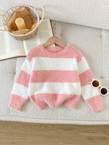 SHEIN 1件女童毛衣，柔軟甜美百搭圓領經典配色條紋拼接落肩寬鬆長袖毛絨質感可愛柔和風，適中厚度，整齊下擺，緊口袖口，細緻紋理，觸感滑順，適合單穿，適用日常穿著、外出、上學、旅行，秋冬必備 - 粉色 - 查看 1