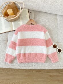 SHEIN 1件女童毛衣，柔軟甜美百搭圓領經典配色條紋拼接落肩寬鬆長袖毛絨質感可愛柔和風，適中厚度，整齊下擺，緊口袖口，細緻紋理，觸感滑順，適合單穿，適用日常穿著、外出、上學、旅行，秋冬必備 - 粉色 - 查看 2