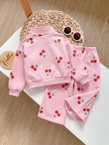 Cozy Pixies Babygirl Autumn/Winter Fleece Personalized Fashion Cherry Pattern Print Zip-Up Hoodie And Pants 2 Pieces Set, Suitable For Outings And Other Occasions - Multicolor - View 2