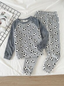 SHEIN 2pcs Tween Boy Soccer Kids Pattern Plush Fabric Loungewear Set Autumn - Grey - View 7