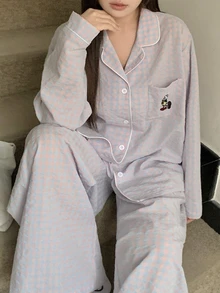 Dazy Plus 大尺碼格紋寬鬆睡衣套裝，適合四季穿著，秋冬服飾，舒適居家穿搭 - 薄荷藍 - 查看 4