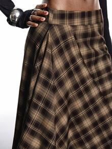 LYSMO Women's Street Style Plaid Pleated Asymmetrical Skirt - Brown - View 8