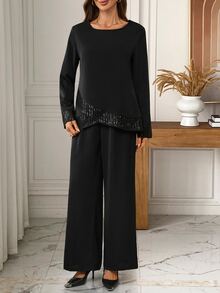 EMERY ROSE Women's Solid Color Round Neck Long Sleeve Sequin Patchwork Blouse And Wide Leg Pants Elegant 2 Pieces Set - Black - View 3