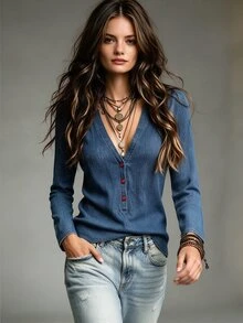 NostaNoir Women's Minimalist Long Sleeve Button Casual T-Shirt - Blue - View 4