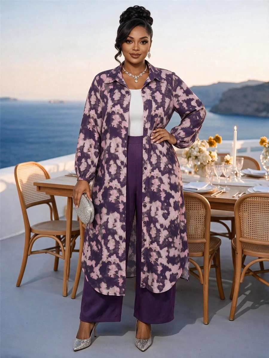 Fleurora Plus Size Floral Print Button-Up Shirt And Pants 2 Pieces Set - Purple - View 1