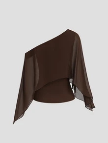 Sweetra Tall Tall Women's Autumn Minimalist Elegant French Style Top, Suitable For Commuting And Dating, Featuring Waist-Cinching Cut, Asymmetrical Hemline And Asymmetrical Cold Shoulder Cape Design - Brown - View 2