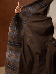 MOTF PREMIUM BROWN PLAID MID-LENGTH ELEGANT OVERCOAT WITH SCARF - Coffee Brown - View 8