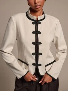 Silquee Women's Elegant Frog Button Long Sleeve Vintage Jacket - Beige - View 7