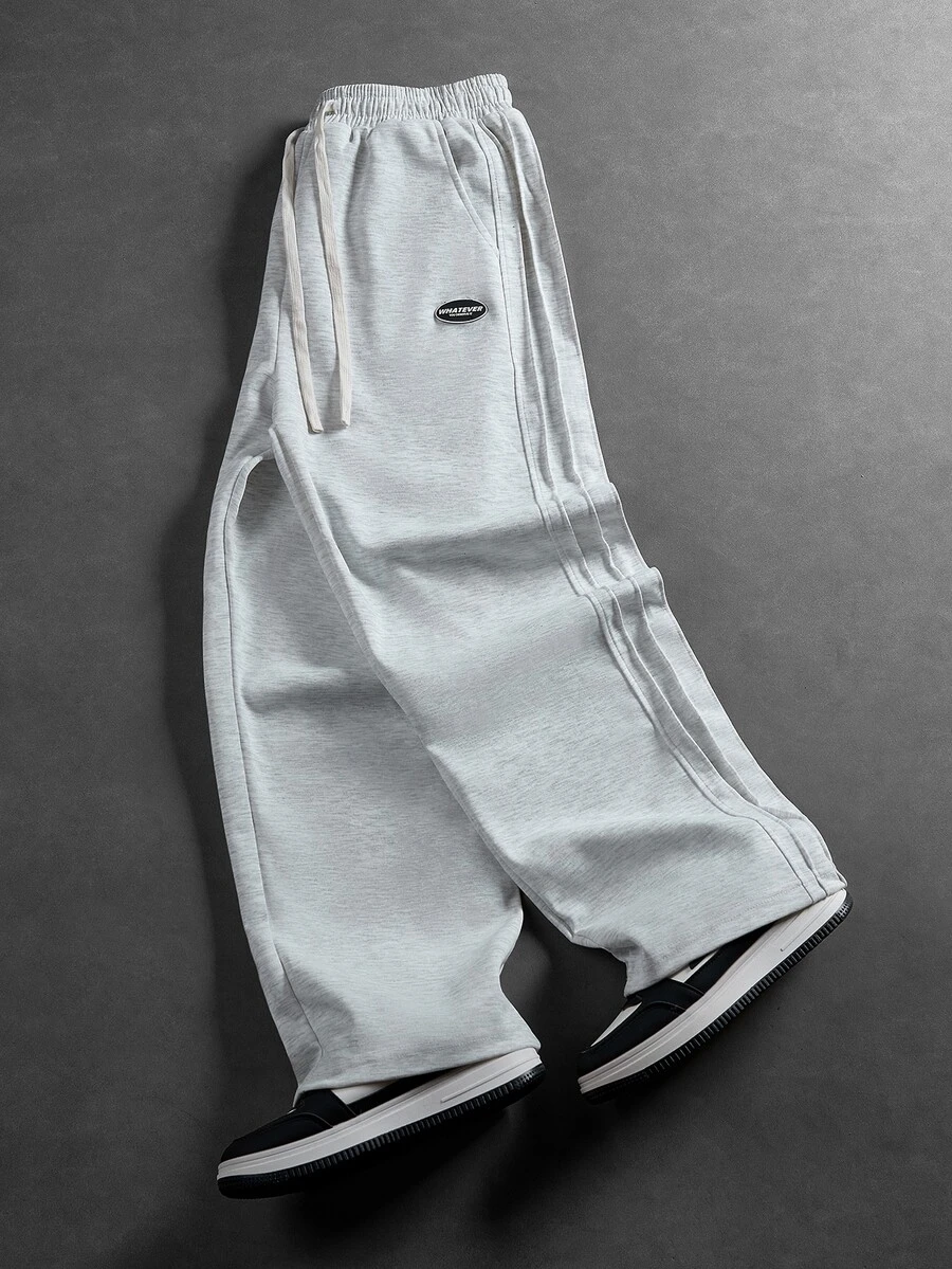 RivetRise Grey Knit Wide Leg Casual Pants Drawstring High Waist Straight Leg Sweatpants Side Multi-Stripe Letter Logo Sports Long Pants - Grey - View 1