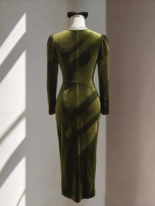 Fine & Folde Women's Elegant Velvet Slim Fit Long Sleeve Dress - Olive Green - View 2