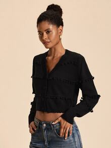Travachic Women's Solid Color Pom Pom Design Long Sleeve Elegant Single-Breasted Knit Cardigan - Black - View 5