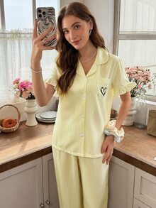 Snug Reverie Romantic Fresh Bubble Crinkle Yellow Striped Lapel Cardigan Frill Trim Heart Embroidery Women's Short Sleeve Long Pants Pajama Set - Yellow - View 4