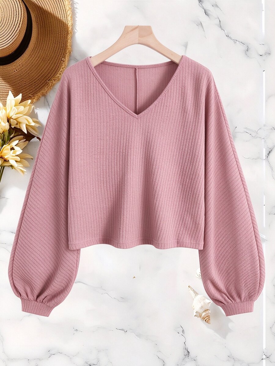 QUELARIE Plus Size Casual Loose V-Neck Top Fall - Dusty Pink - View 1