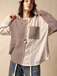 Bohemela 大尺碼春夏/秋冬休閒波西米亞風藍白條紋拼色拼接運動衫 秋季外出度假穿搭 - 棕色 - 查看 8