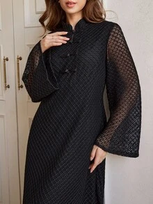 Graceveil New Chinese Style Frog Button Stand Collar Lace Bell Sleeve Long Dress, Autumn/Winter Muslim Abaya - Black - View 1