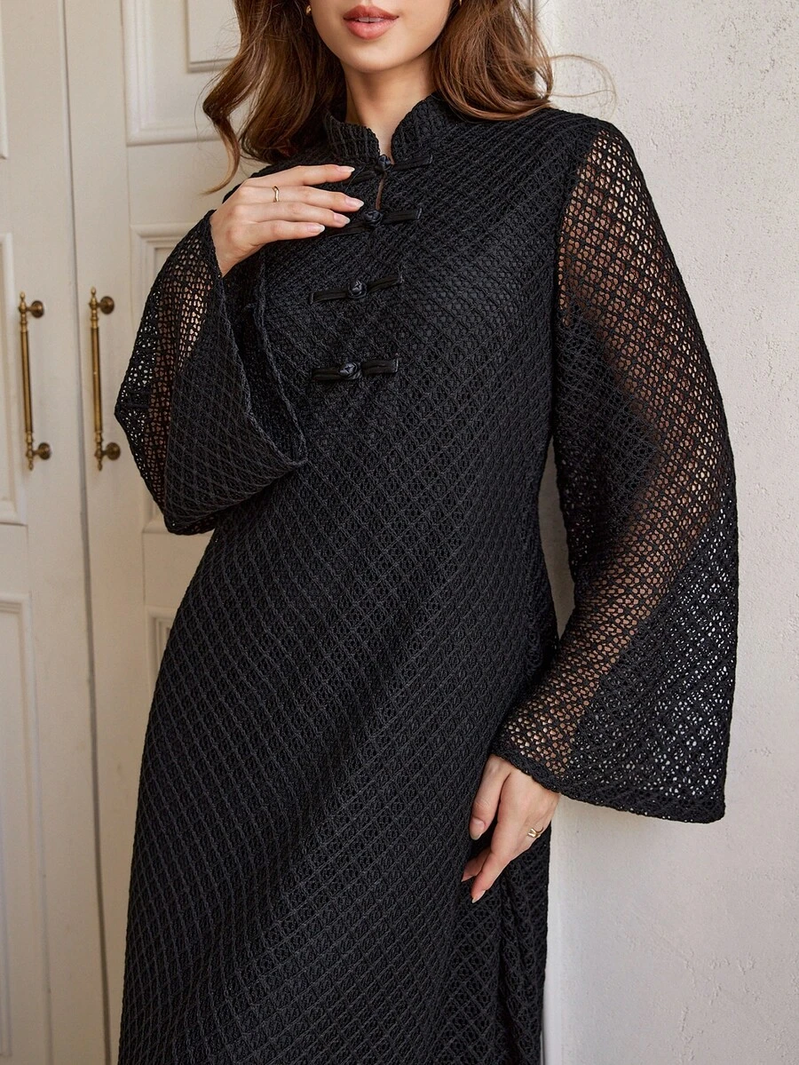 Graceveil New Chinese Style Frog Button Stand Collar Lace Bell Sleeve Long Dress, Autumn/Winter Muslim Abaya - Black - View 1