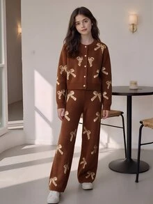 Tween Girl Bow Pattern Long Sleeve Top And Pants Knit Set - Brown - View 3