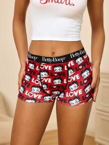 Betty Boop x SHEIN Women's Letter Cartoon Print Casual Flat Shorts - Red - View 1
