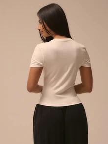 MUSERA ESSENTIALS Embroidered Logo Fitted Crewneck Short Sleeve Top Winter Fall Cute Everyday Autumn Basics Essentials - White - View 4