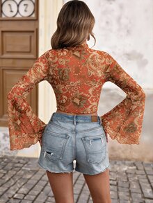 Brillora 花卉印花小立領喇叭袖透視短版網紗夏季女款波希米亞風沙灘上衣 - 橘色 - 查看 2