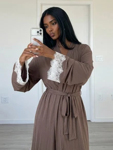 Livesso Women's Contrast Lace Cuff & Waist Tie Nightgown - Coffee Brown - View 7
