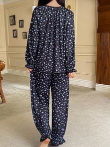 DAZY Women's Ditsy Floral Front Tie Long Sleeve Top And Pants Pajama Set - Beige - View 2