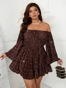 Femmeverse Women's Plus Size New Pearl Decor Cold Shoulder Ruffle Collar Pleated Loose Waist Belt Bow A-Line Short Jumpsuit - Coffee Brown - View 8